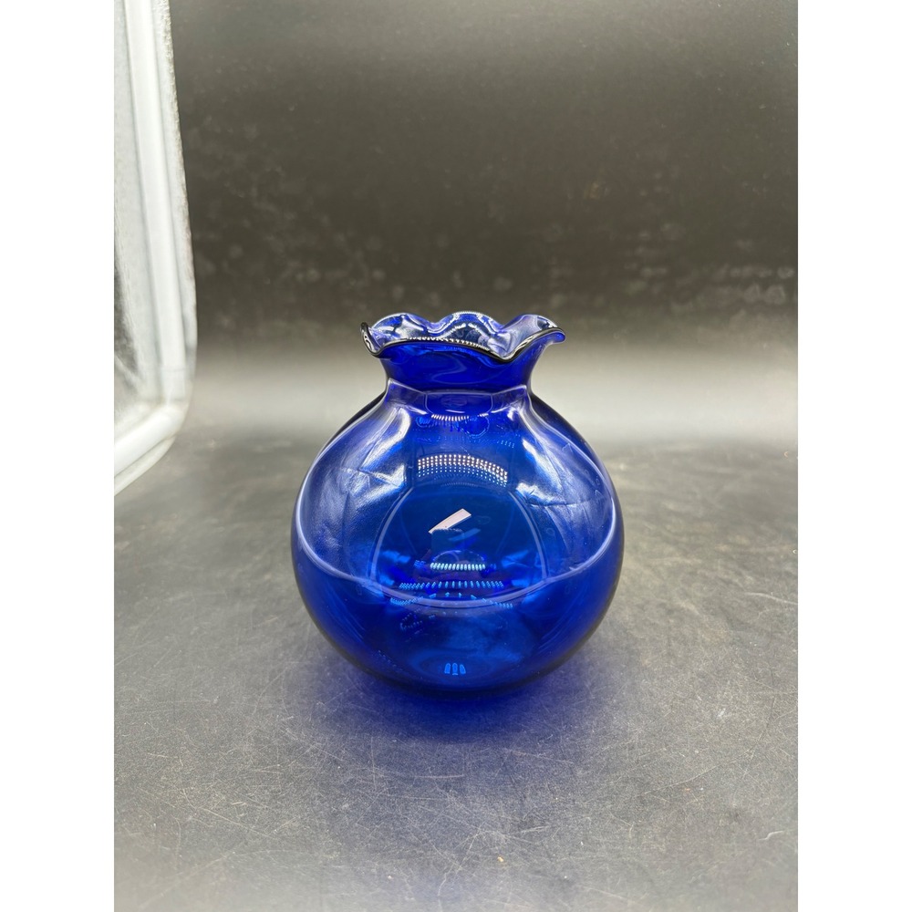 Vintage Cobalt Blue Glass Rose Bowl Vase Ruffled Rim Round 4.5 Inch